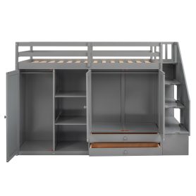 Multi-Functional Twin Size Loft Bed With 3 Shelves, 2 Wardrobes And 2 Drawers
