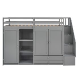 Multi-Functional Twin Size Loft Bed With 3 Shelves, 2 Wardrobes And 2 Drawers