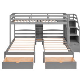 Twin Over Twin&Twin Bunk Bed With Drawers, Staircase and Built-in Shelves