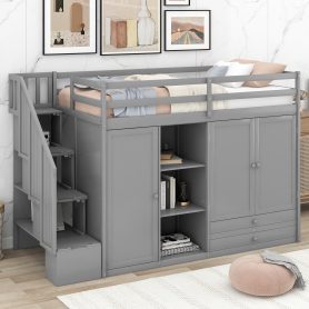 Multi-Functional Twin Size Loft Bed With 3 Shelves, 2 Wardrobes And 2 Drawers
