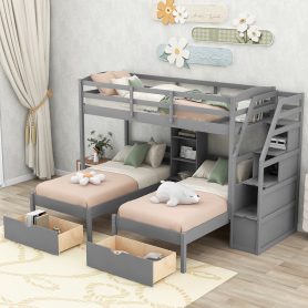 Twin Over Twin&Twin Bunk Bed With Drawers, Staircase and Built-in Shelves