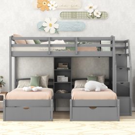 Twin Over Twin&Twin Bunk Bed With Drawers, Staircase and Built-in Shelves