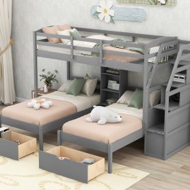 Twin Over Twin&Twin Bunk Bed With Drawers, Staircase and Built-in Shelves