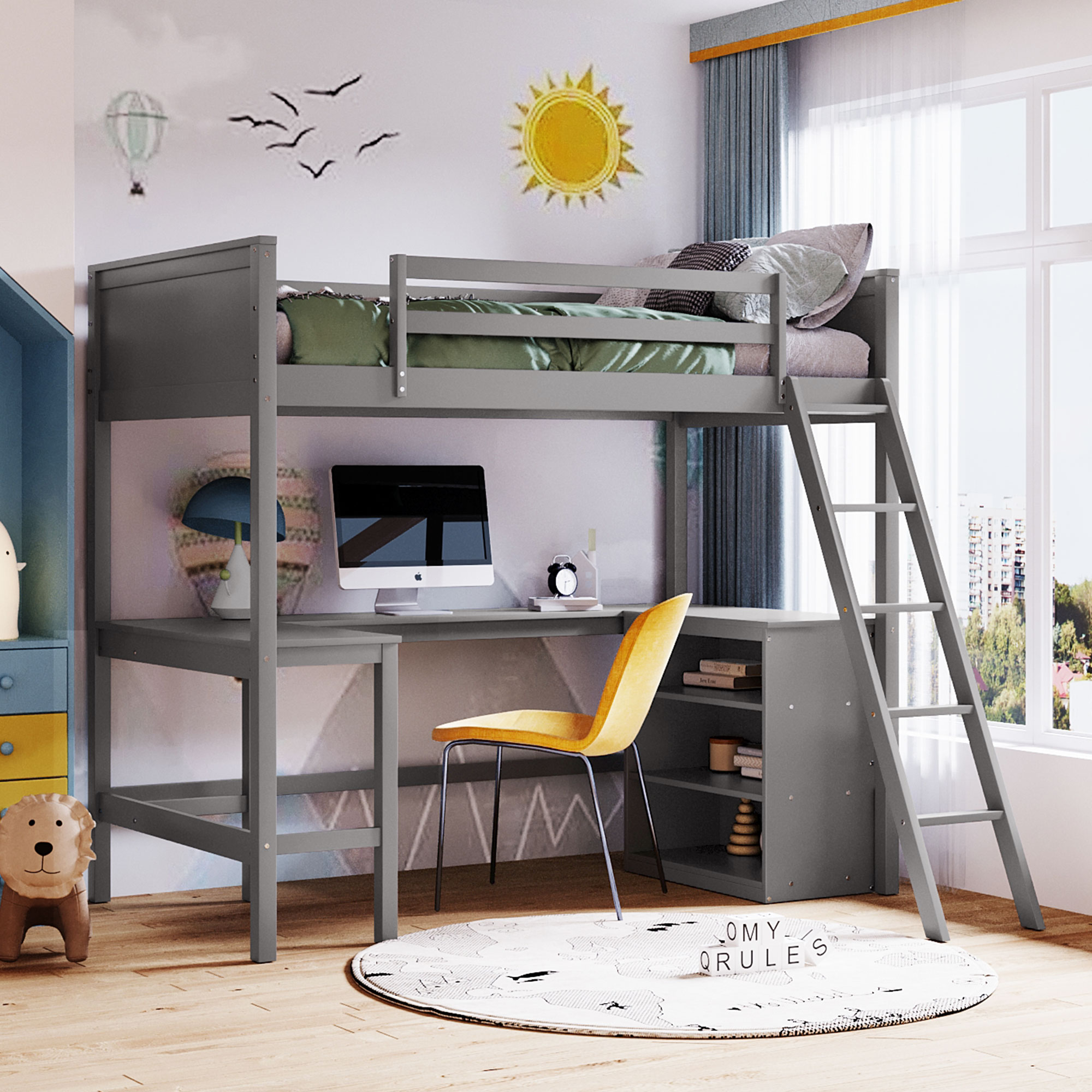 Wood Twin Size Loft Bed With Shelves And Desk 3 Wood Twin Size Loft Bed With Shelves And Desk