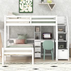 Twin Size Loft Bed with a Stand-alone Bed, Storage Staircase, Desk, Shelves and Drawers