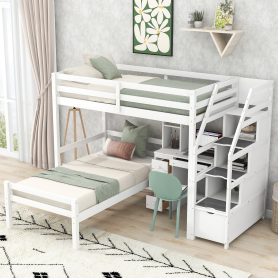 Twin Size Loft Bed with a Stand-alone Bed, Storage Staircase, Desk, Shelves and Drawers