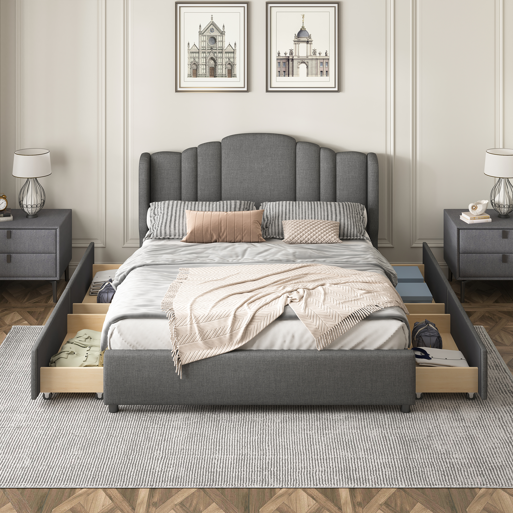 Upholstered Platform Bed with Wingback Headboard and 4 Drawers