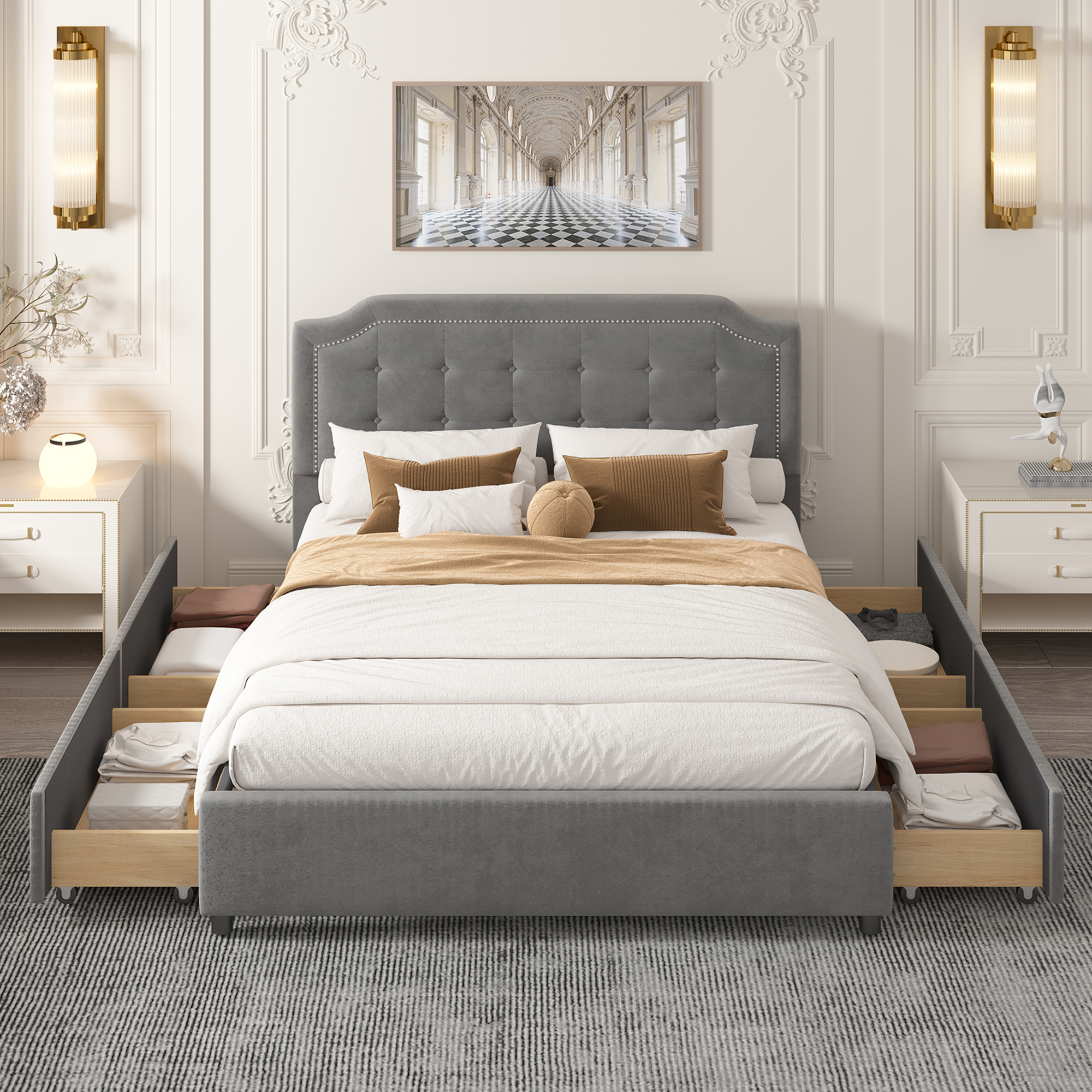 Velvet Fabric Platform Bed With Classic Headboard And 4 Drawers