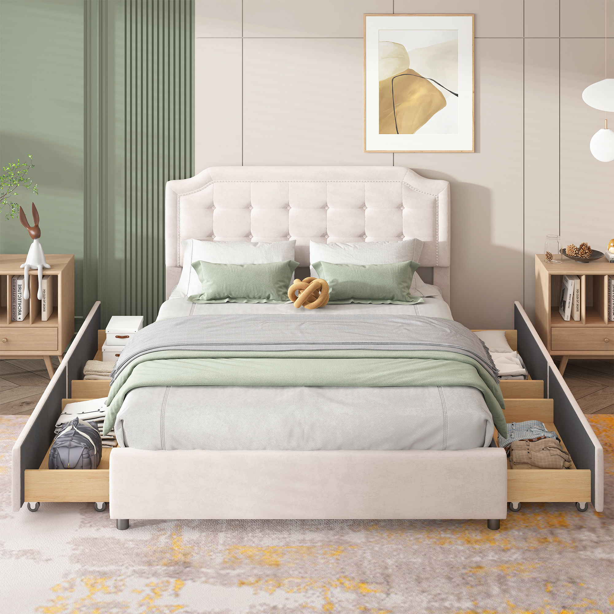 Velvet Fabric Platform Bed With Classic Headboard And 4 Drawers