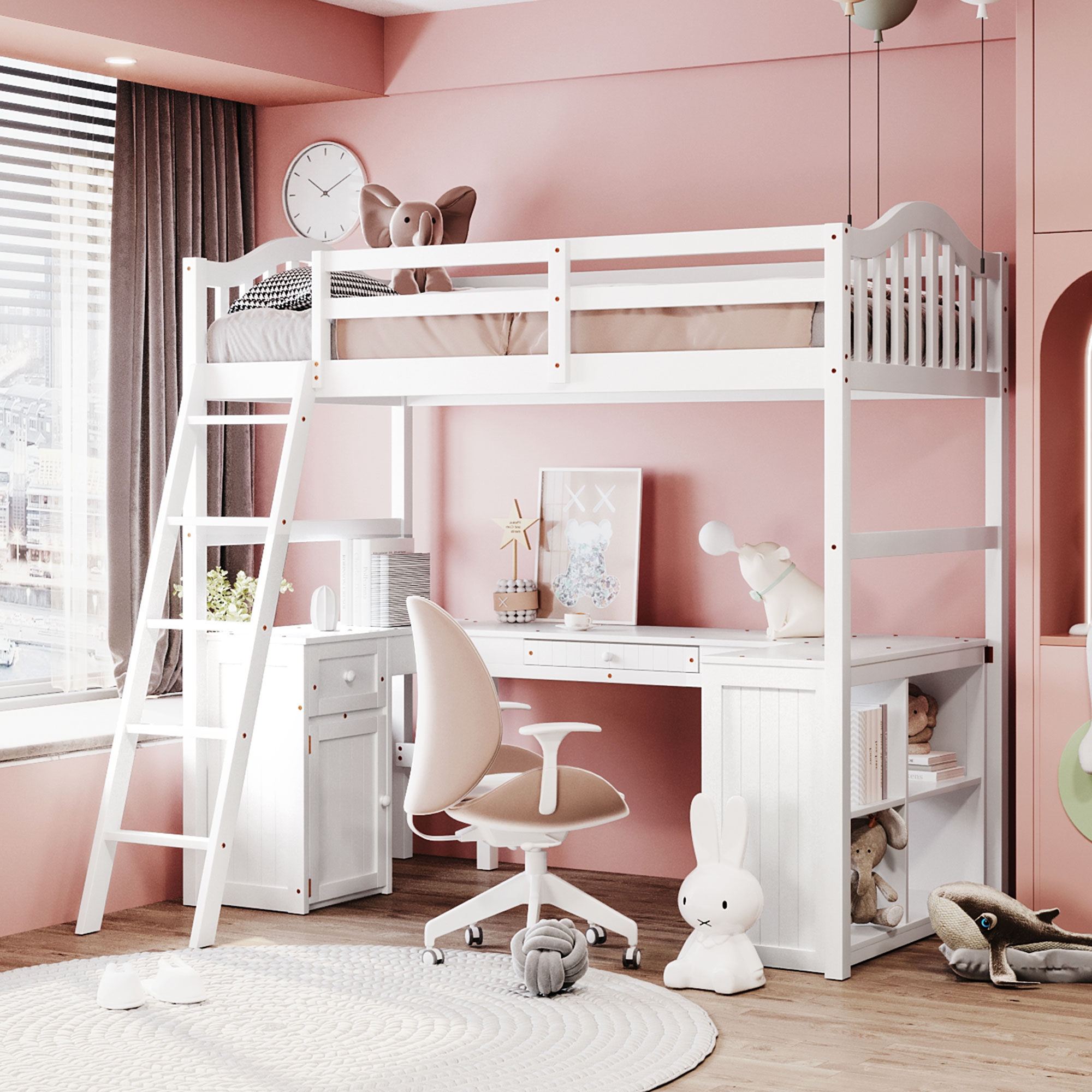 White Twin Size Loft Bed With Drawers, Cabinet, Shelves And Desk