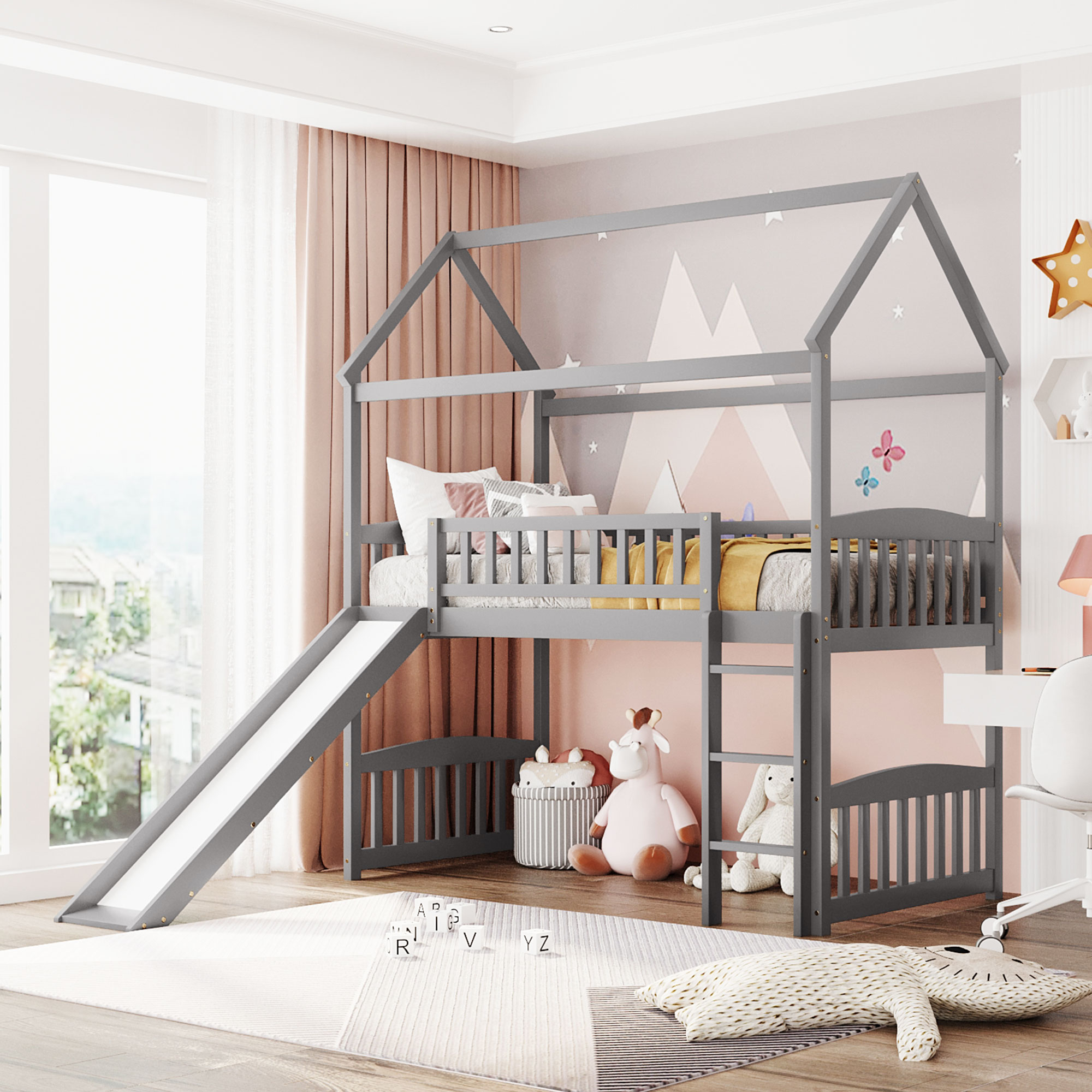 Twin Size House Loft Bed With Slide