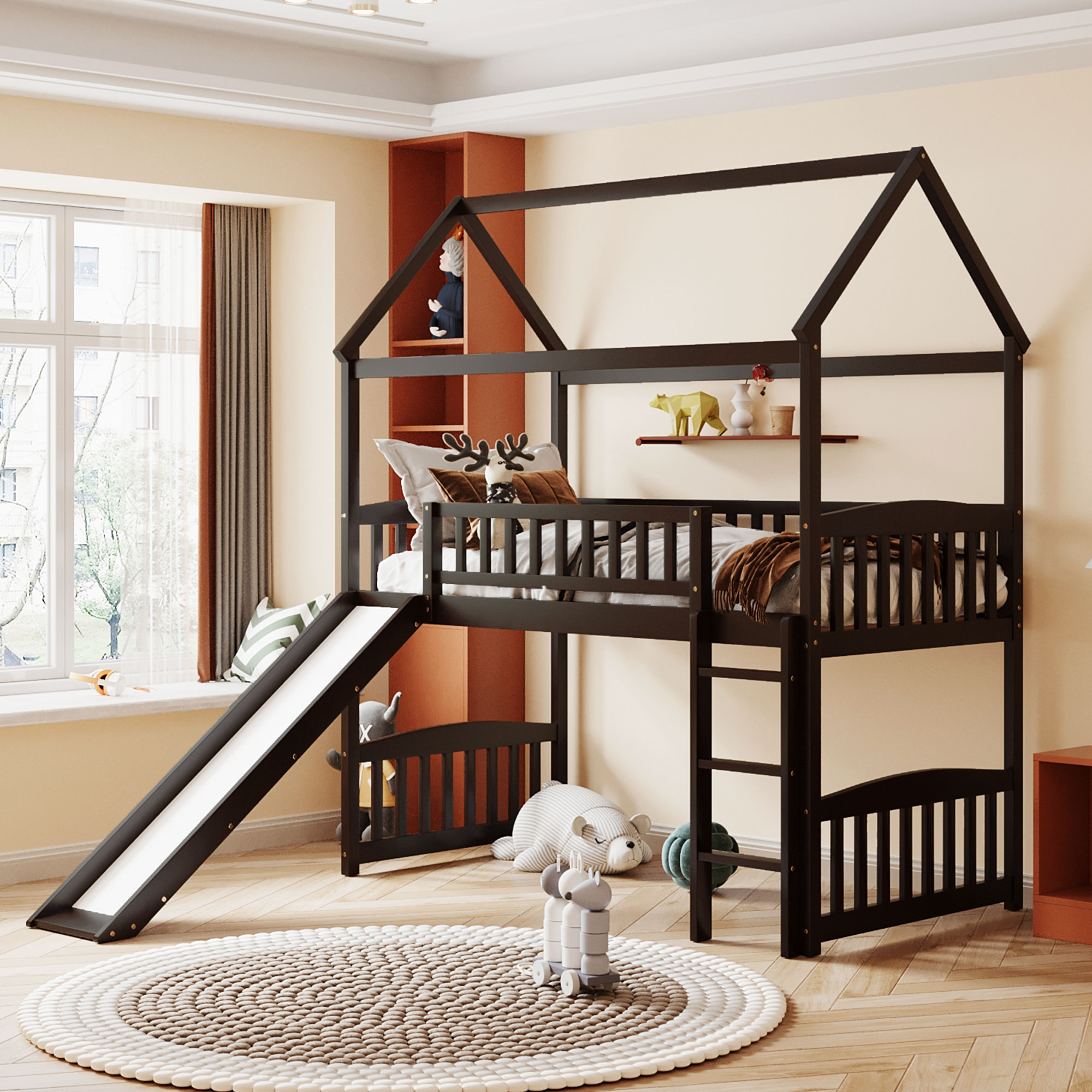 Twin Size House Loft Bed With Slide