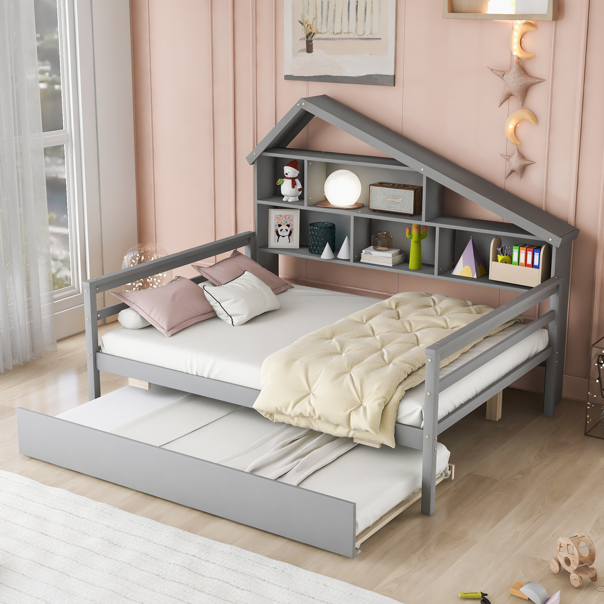 Full Size Platform Bed With Trundle And Shelves