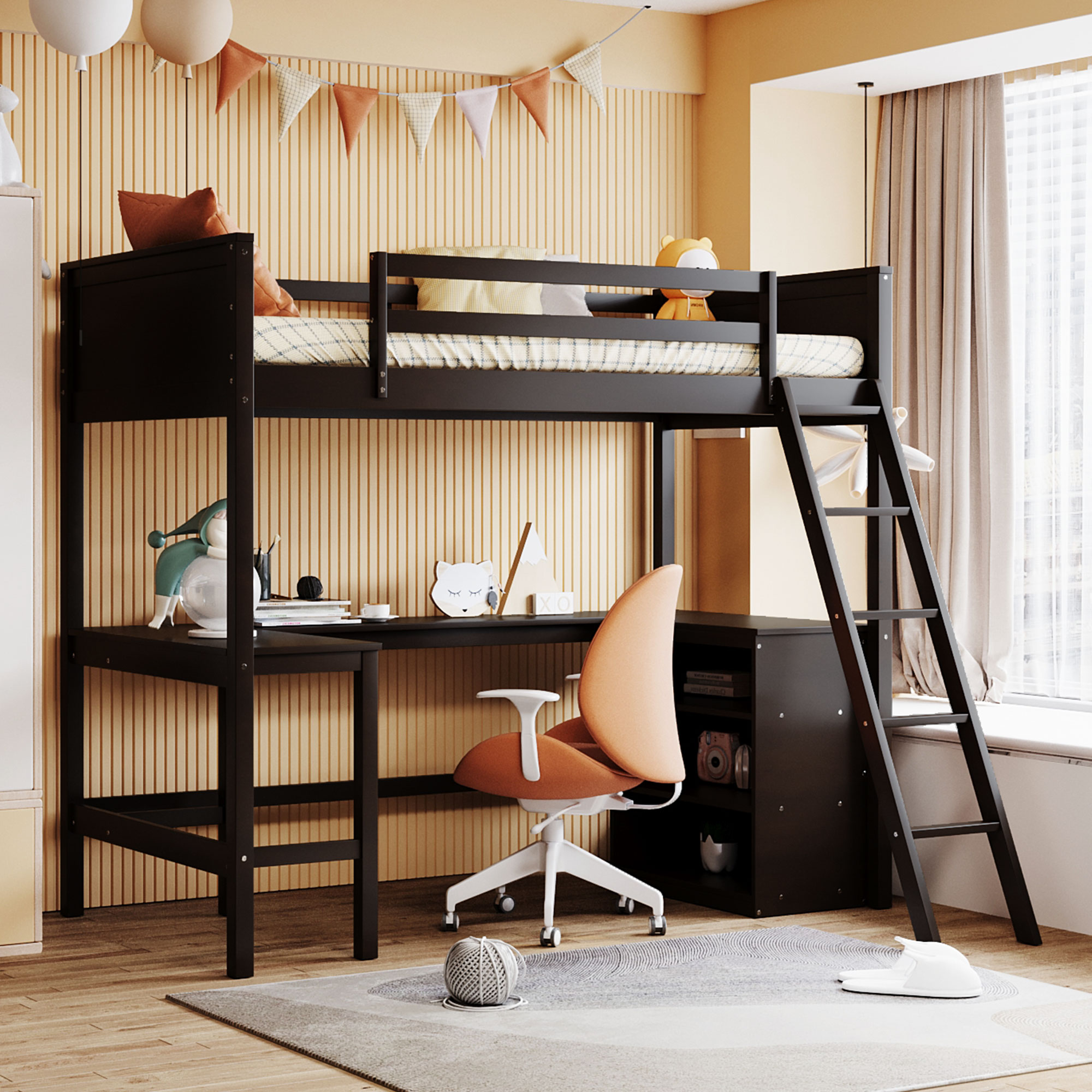 Wood Twin Size Loft Bed With Shelves And Desk