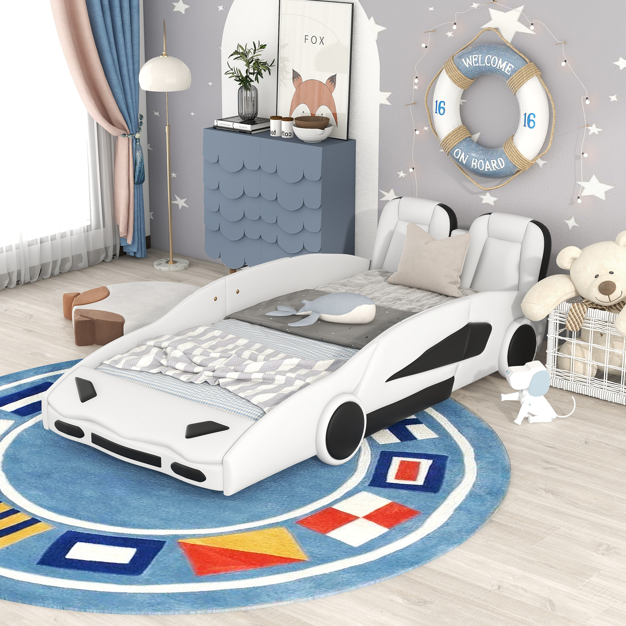 Race Car-Shaped Twin Size Platform Bed With Wheels