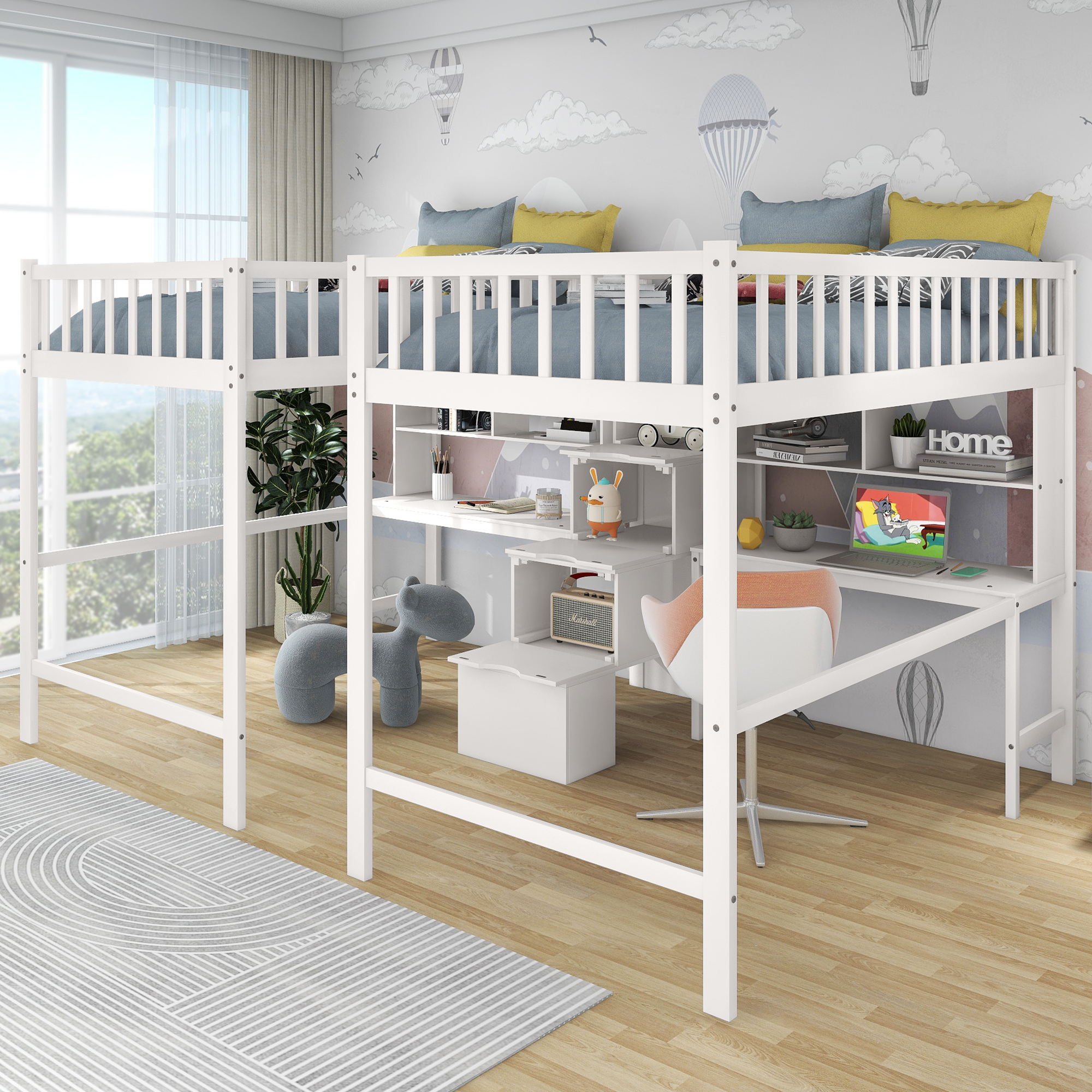 Twin & Twin Size Loft Bed With 2 Built-in Desks, Shelves And Storage Staircase