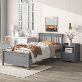 Twin Size Platform Bed With Headboard, Footboard and A Nightstand