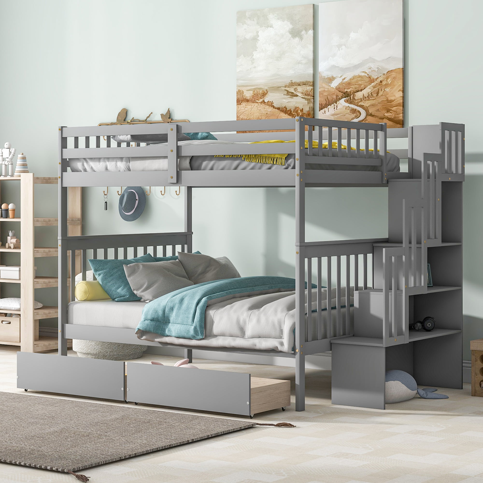 Full Over Full Bunk Bed With 2 Drawers, Staircases, And Safety Rails