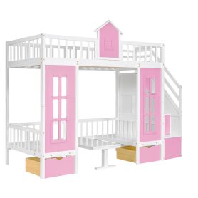 Twin Over Twin Bunk Bed With Changeable Table, Bunk Bed Turn Into Upper Bed And Down Desk With 2 Drawers