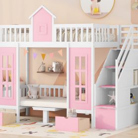 Twin Over Twin Bunk Bed With Changeable Table, Bunk Bed Turn Into Upper Bed And Down Desk With 2 Drawers