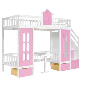 Twin Over Twin Bunk Bed With Changeable Table, Bunk Bed Turn Into Upper Bed And Down Desk With 2 Drawers