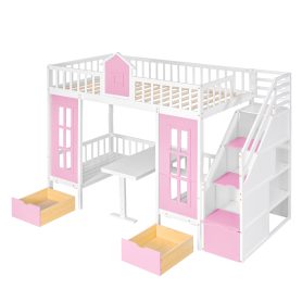 Twin Over Twin Bunk Bed With Changeable Table, Bunk Bed Turn Into Upper Bed And Down Desk With 2 Drawers