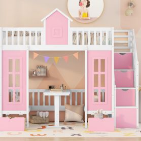 Twin Over Twin Bunk Bed With Changeable Table, Bunk Bed Turn Into Upper Bed And Down Desk With 2 Drawers