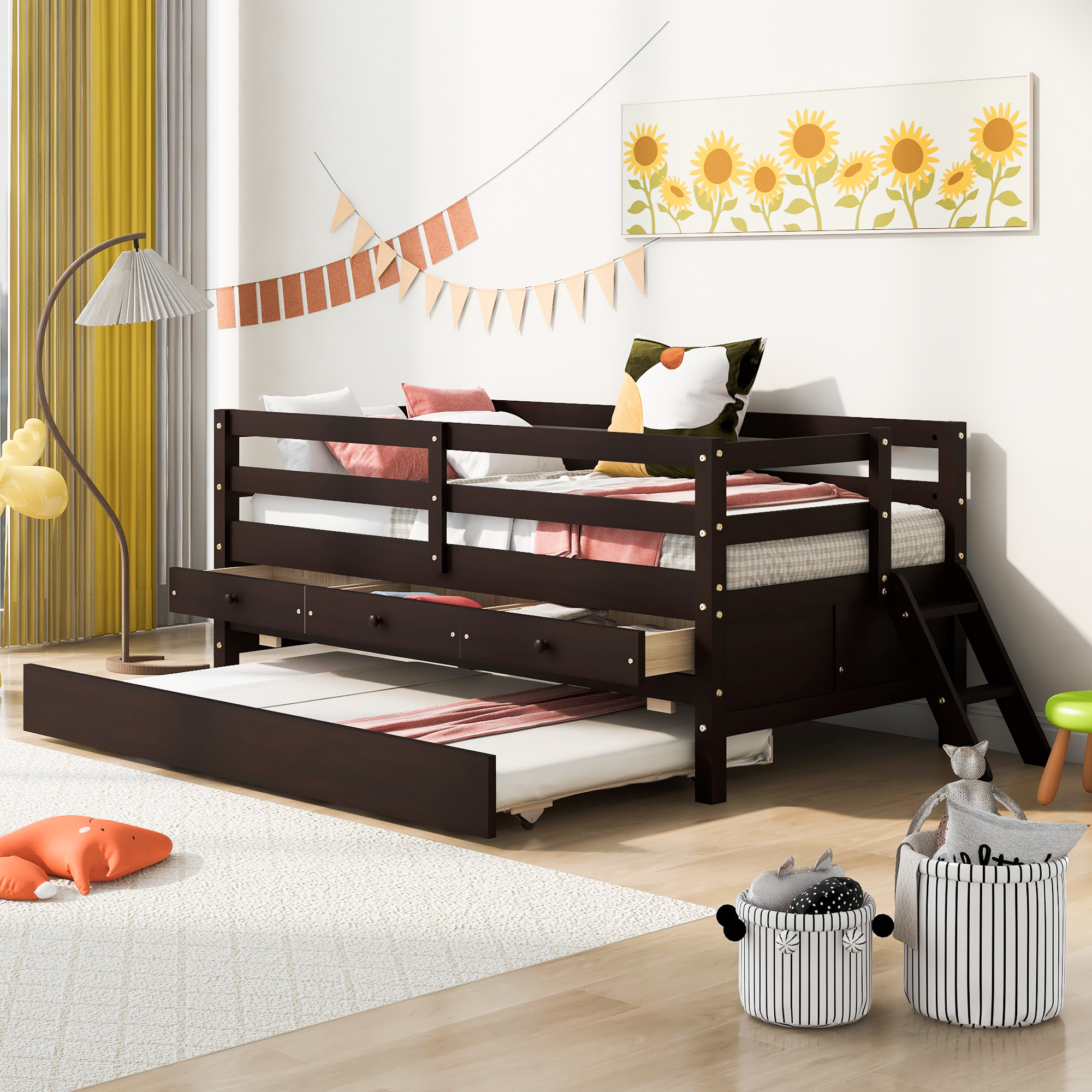 Low Twin Size Loft Bed With Full Safety Fence, Storage Drawers And Trundle
