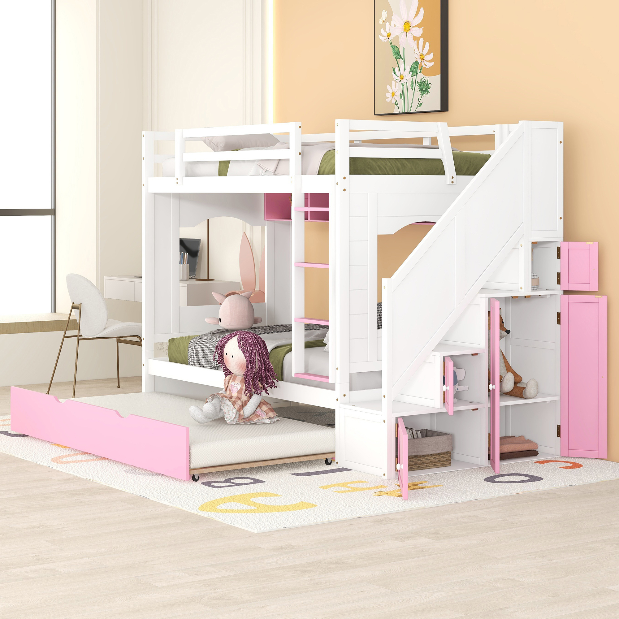Solid Wood Twin Over Twin Bunk Bed With Trundle, Stairscase, and Ladders