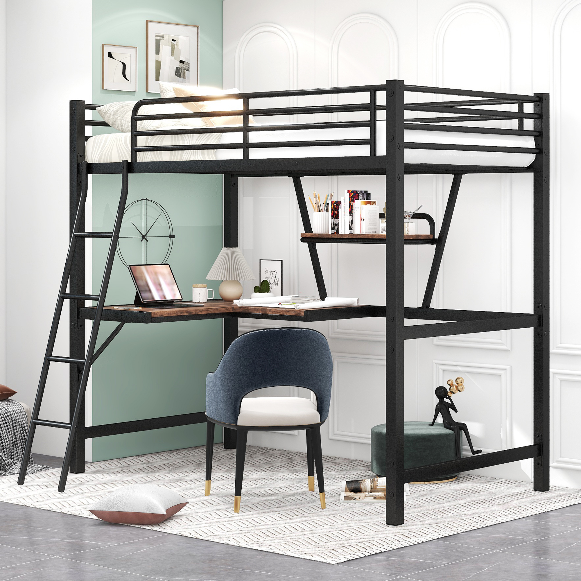 Metal&MDF Twin Size Loft Bed With Desk And Bookshelf