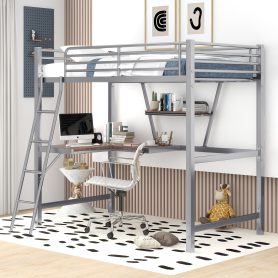 Metal&MDF Twin Size Loft Bed With Desk And Bookshelf