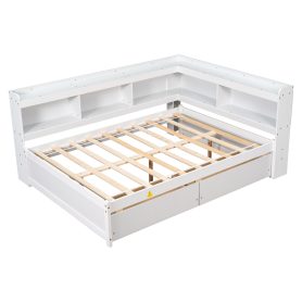 Wooden Full Daybed With L-Shaped Bookcases and Drawers