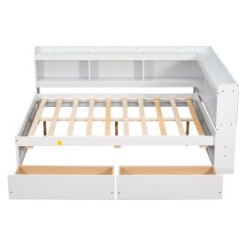 Wooden Full Daybed With L-Shaped Bookcases and Drawers