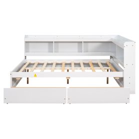 Wooden Full Daybed With L-Shaped Bookcases and Drawers