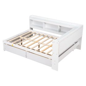 Wooden Full Daybed With L-Shaped Bookcases and Drawers