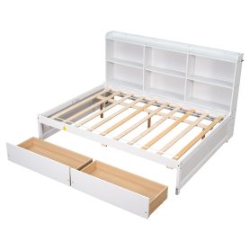Wooden Full Daybed With Side Bookcase and Drawers
