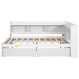 Wooden Full Daybed With L-Shaped Bookcases and Drawers