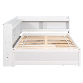 Wooden Full Daybed With L-Shaped Bookcases and Drawers