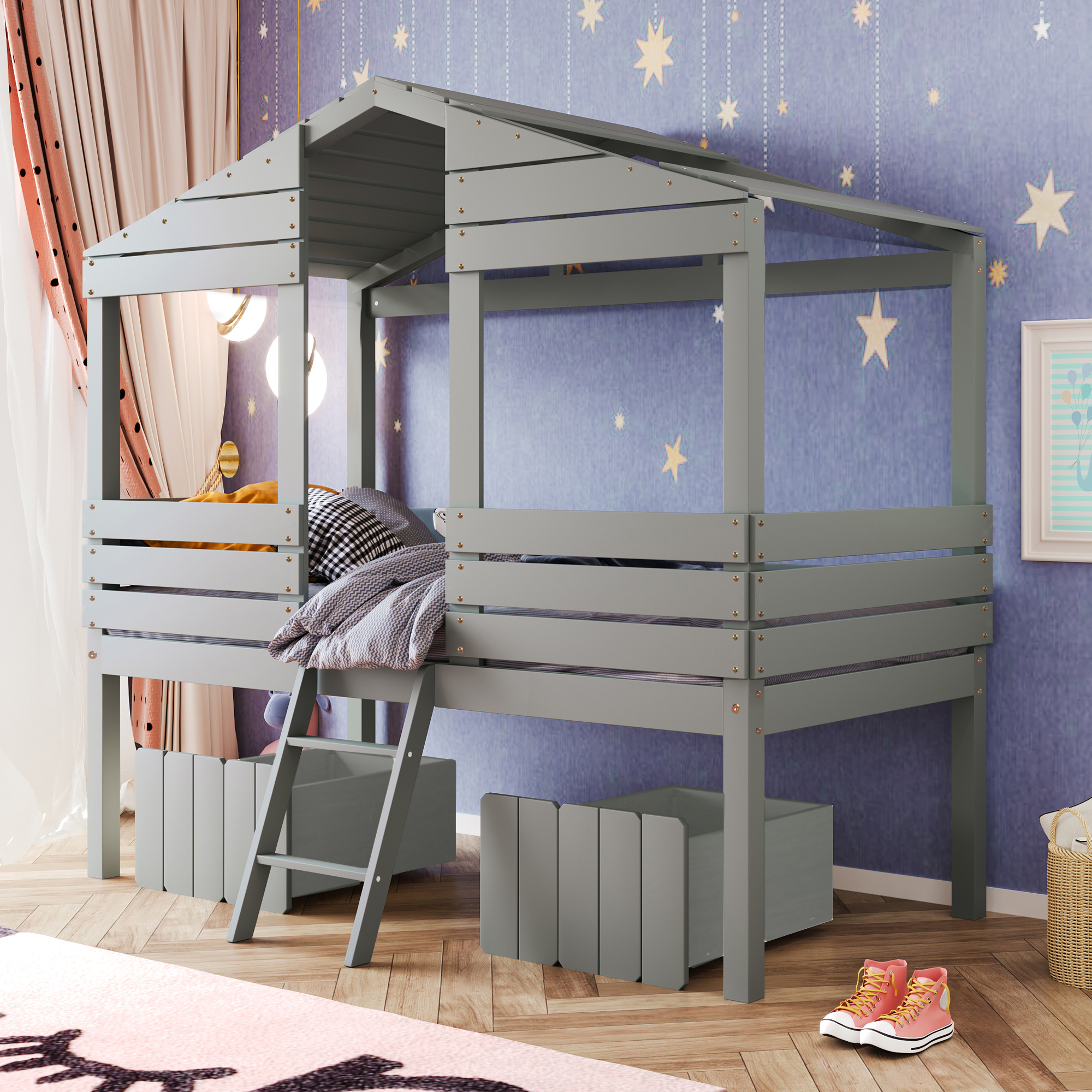 House Shape Twin Size Low Loft Bed With Two Drawers