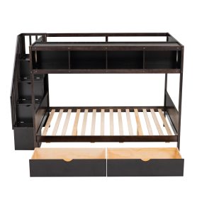 Wooden Twin over Full Bunk Bed with Shelfs, Storage Staircase and 2 Drawers