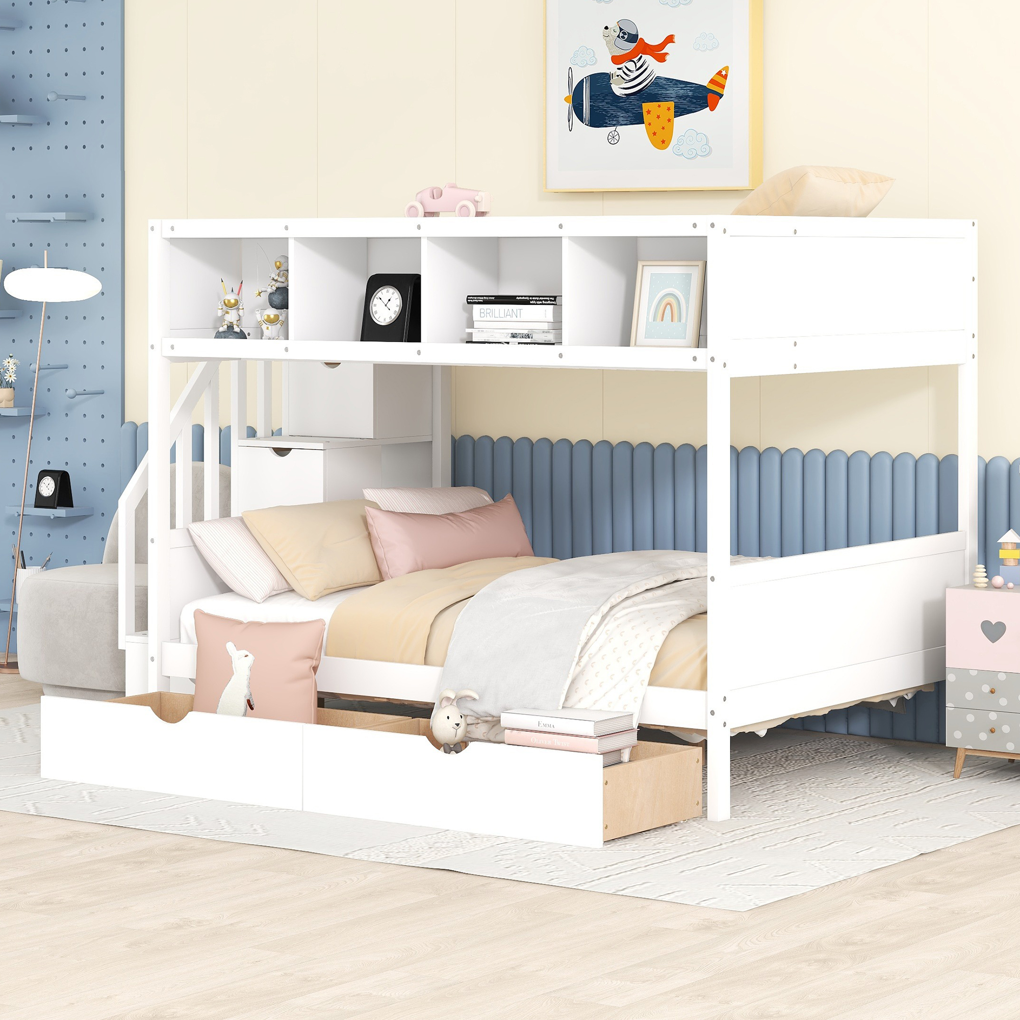 Wooden Twin over Full Bunk Bed with Shelfs, Storage Staircase and 2 Drawers