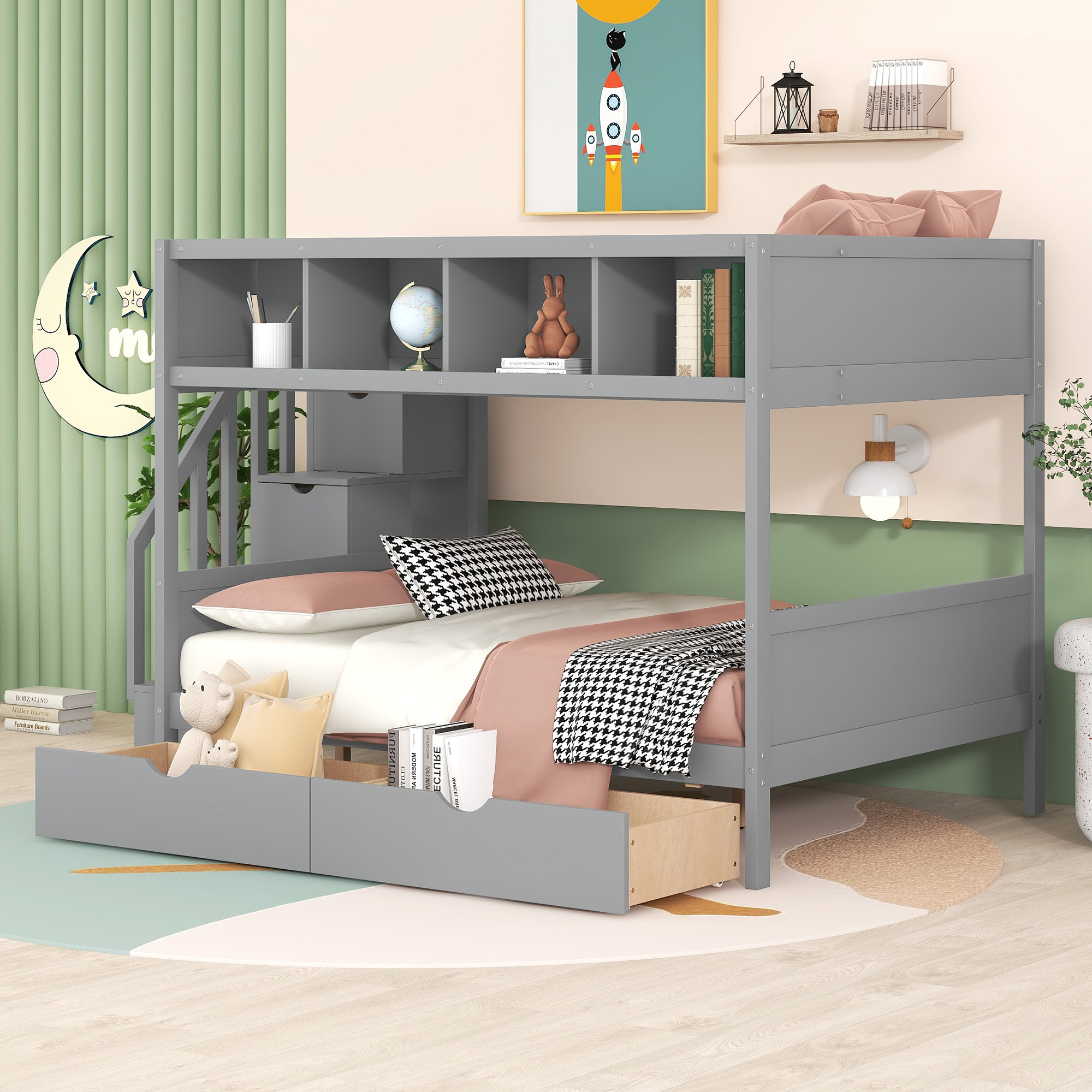Wooden Twin over Full Bunk Bed with Shelfs, Storage Staircase and 2 Drawers