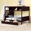 Wooden Twin over Full Bunk Bed with Shelfs, Storage Staircase and 2 Drawers