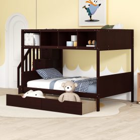 Wooden Twin over Full Bunk Bed with Shelfs, Storage Staircase and 2 Drawers