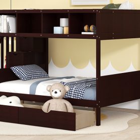 Wooden Twin over Full Bunk Bed with Shelfs, Storage Staircase and 2 Drawers