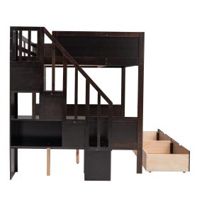 Wooden Twin over Full Bunk Bed with Shelfs, Storage Staircase and 2 Drawers