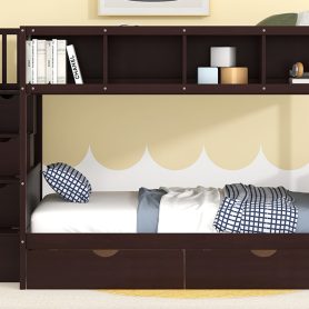 Wooden Twin over Full Bunk Bed with Shelfs, Storage Staircase and 2 Drawers