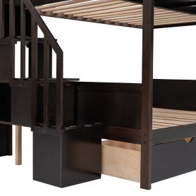 Wooden Twin over Full Bunk Bed with Shelfs, Storage Staircase and 2 Drawers