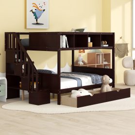 Wooden Twin over Full Bunk Bed with Shelfs, Storage Staircase and 2 Drawers