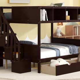Wooden Twin over Full Bunk Bed with Shelfs, Storage Staircase and 2 Drawers
